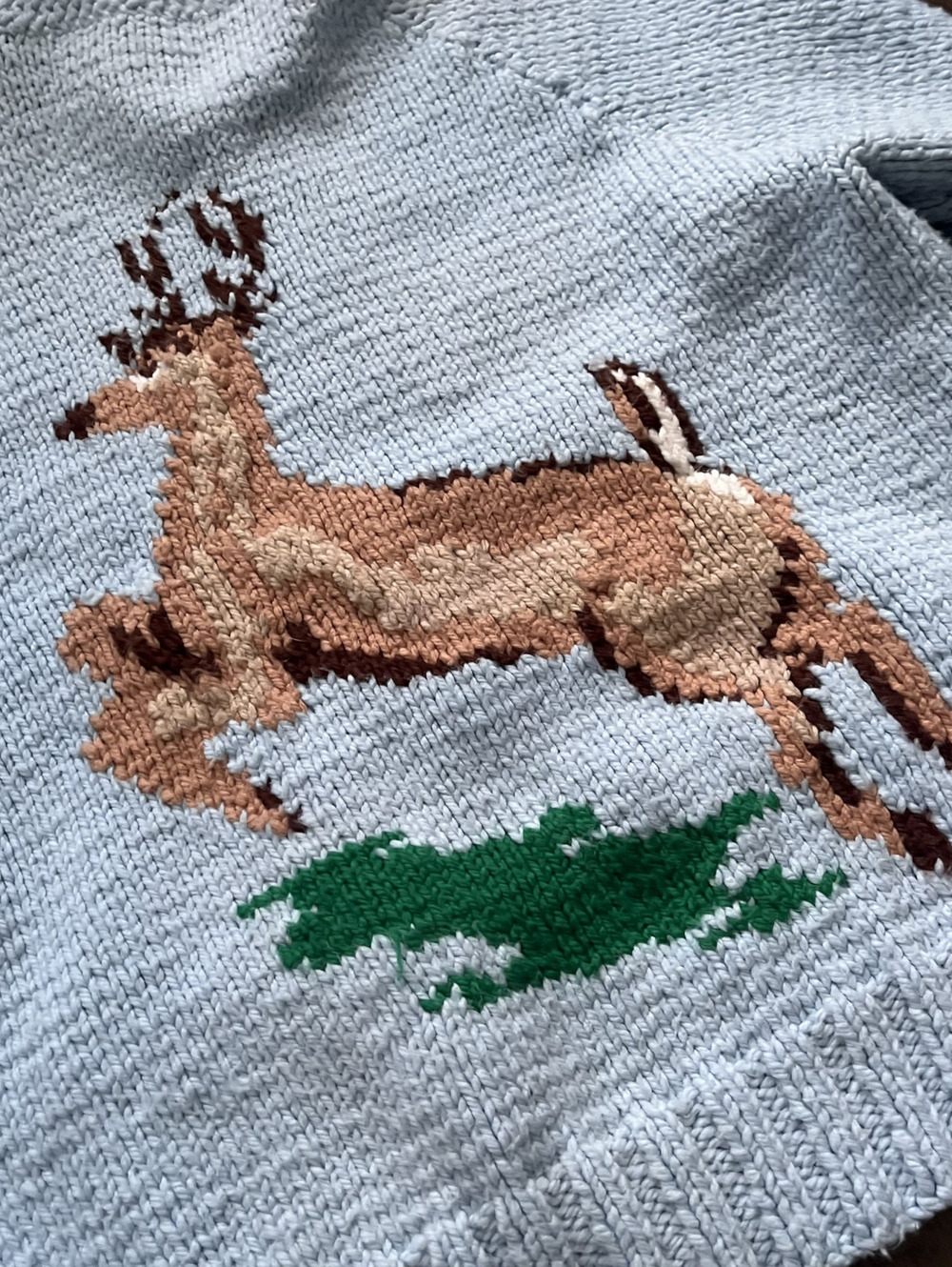 Vintage 1980s Knit Cowichan Style Knit Sweater Full Zip Deer Graphic Blue Large - Picture 5 of 11